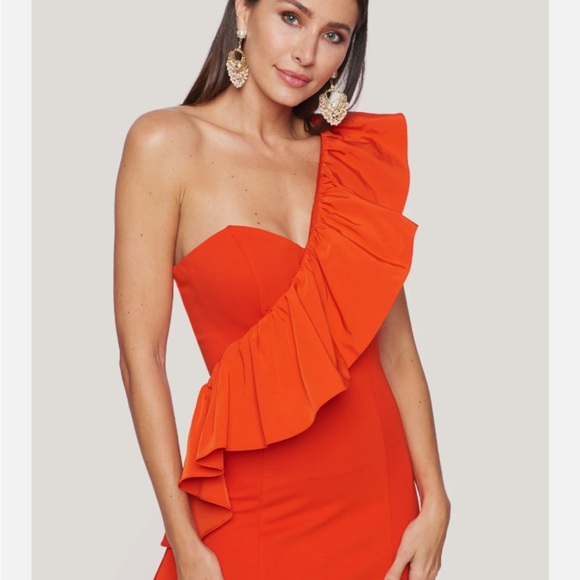 Fun Orange-red One-Shoulder Ruffle Dress - Picture 2 of 9